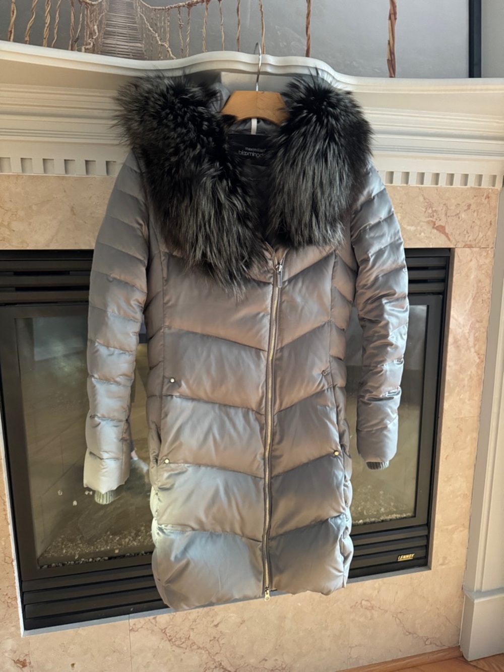 Bloomingdale's Silver Gray Down Puffer Coat with Real Fur Trim
